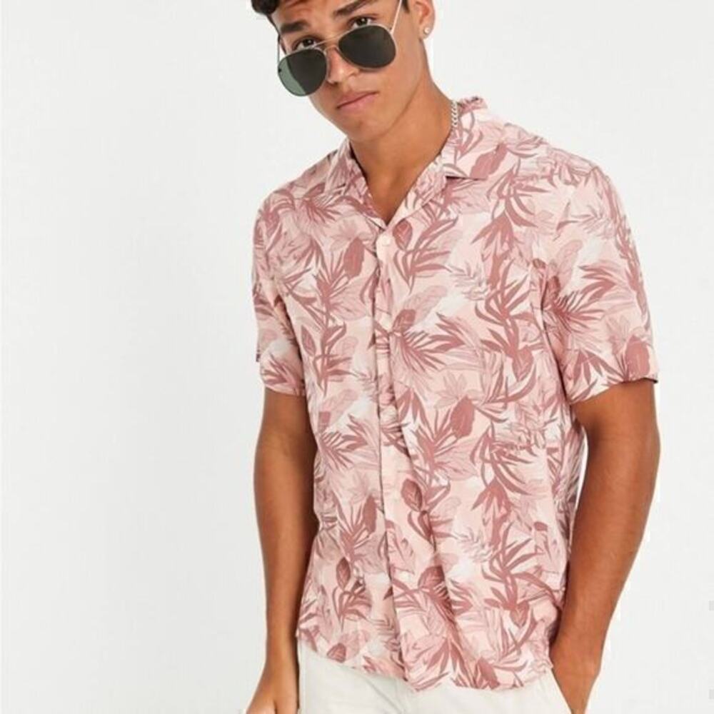 Selected Homme Tropical Leaf Print Pink Short Sleeve Button Down Shirt‎ 17.5 New